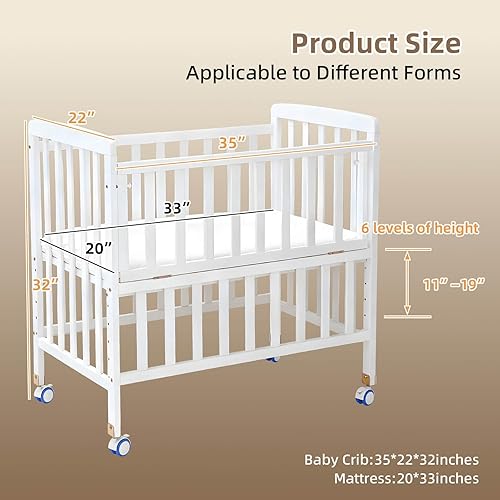 Miniatura 6 de Cuna pequeña de 6 alturas con colchón, diseño de ahorro de espacio para recién nacidos de 0 a 12 meses, color blanco