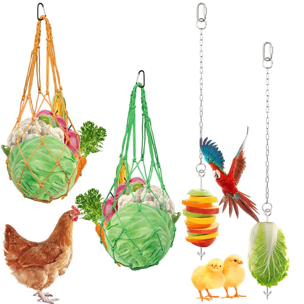 Chicken Veggies Skewer Vegetable Hanging Feeder Toy Chicken Fruit Feeder Chicken Vegetable String Bag, Poultry Fruit Holder Chicken Cabbage Feeder (2 Skewers + Yellow and Green Bags)