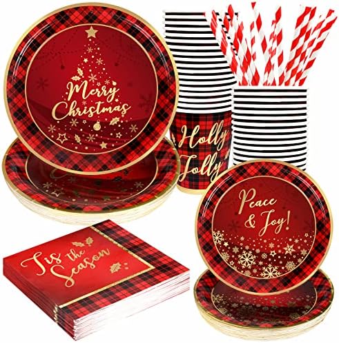 Christmas Paper Plates and Napkins Set Decorations for 24 Guests, Holiday Santa Claus Tableware with Cups and Straws, Disposable Merry Christmas Theme Party Decor