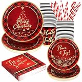 Christmas Paper Plates and Napkins Set Decorations for 24 Guests, Holiday Santa Claus Tableware with