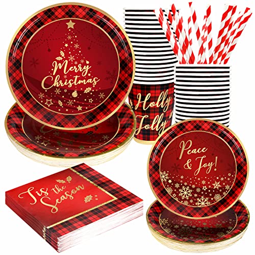 Christmas Paper Plates and Napkins Set Decorations for 24 Guests, Holiday Santa Claus Tableware with Cups and Straws, Disposable Merry Christmas Theme Party Decor