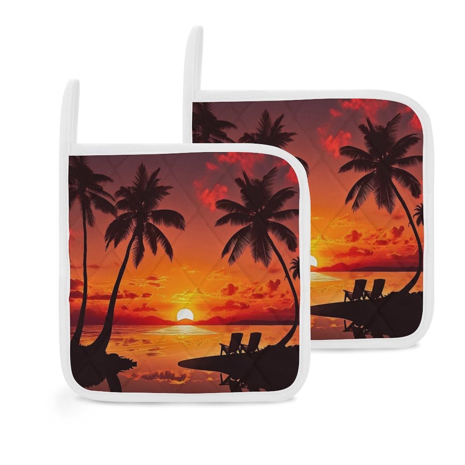 Pot Holders Set of 2 Kitchen Heat Resistant Potholders Sunset and Coconut Trees Cotton Lining Oven Hot Pads for Cooking Baking BBQ Microwave Kitchen Accessories