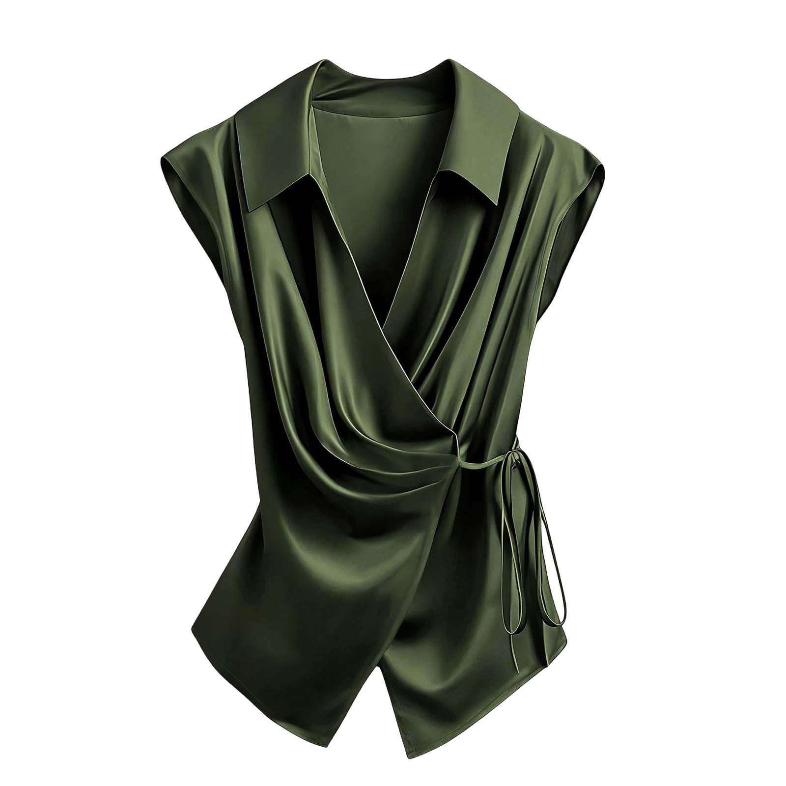 Womens V Neck Satin Blouse Wrap Tie Side Sleeveless Shirt Spring Summer Elegant Business Casual Tops 2026 — view 7