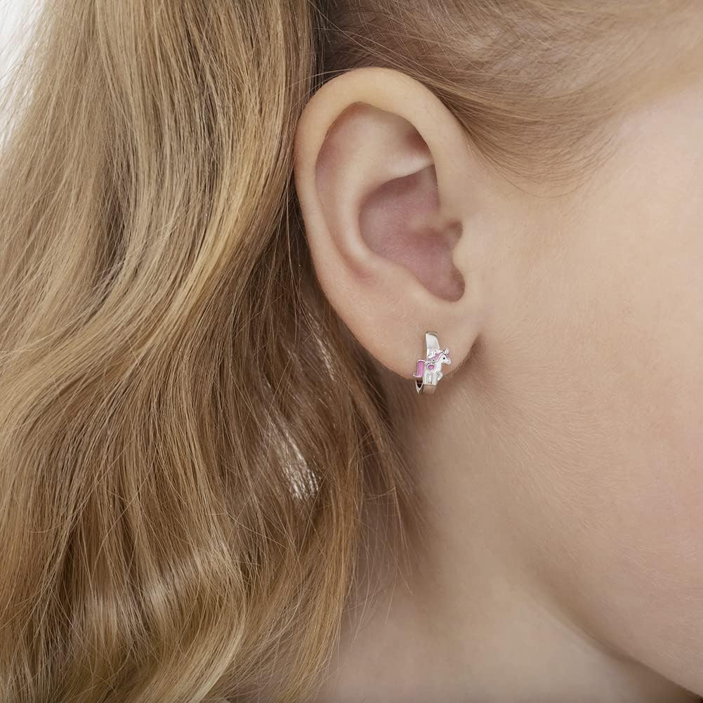 In Season Jewelry Pink Enamel Unicorn Earrings - 925 Sterling Silver Hypoallergenic Hoop Earrings for Girls - Safe & Comfortable for Toddlers, Kids & Little Girls