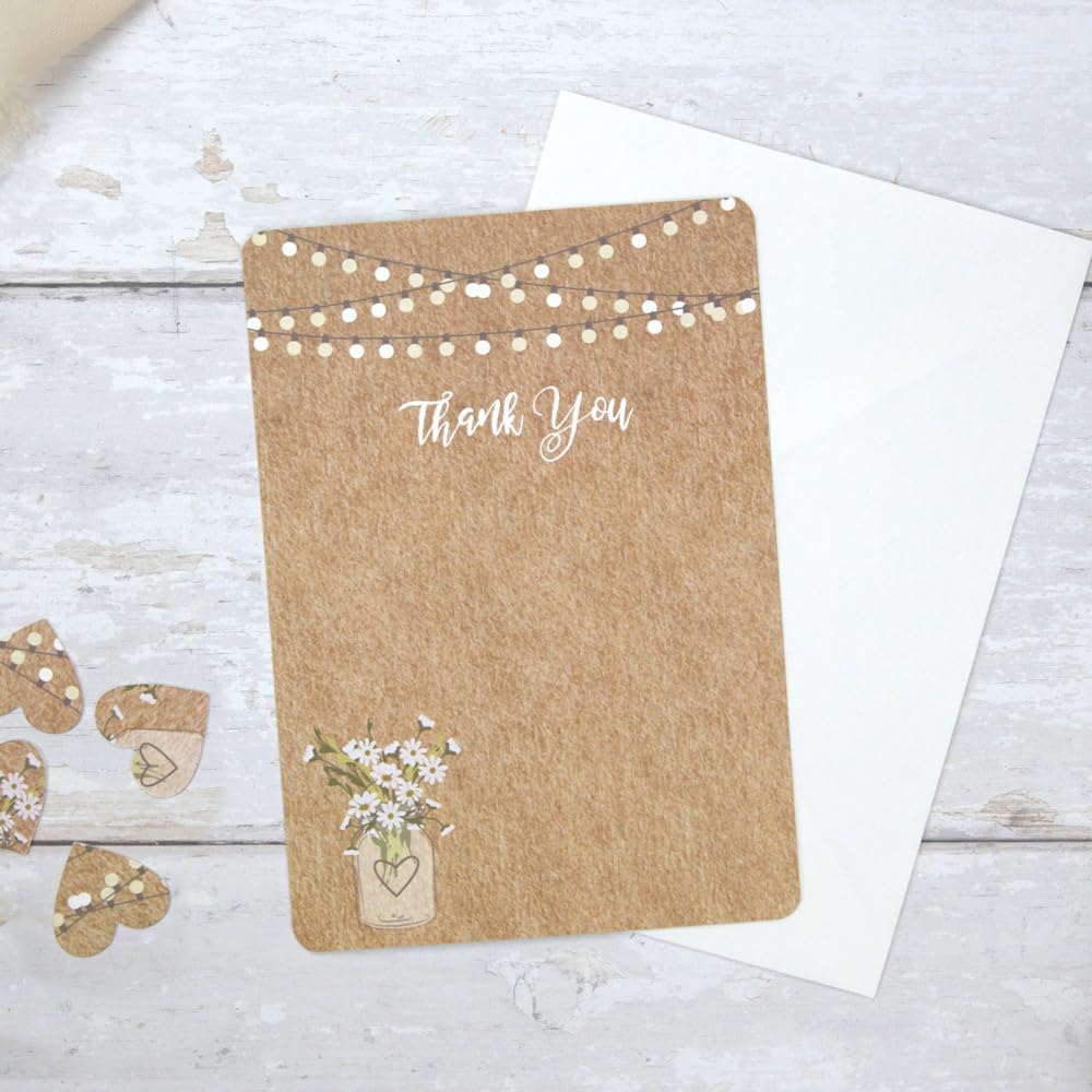 Dotty About Paper Wedding Thank You Cards - Pack Of 10 Rustic Mason Jar Flowers - Floral, Vintage, Kraft. Perfect For Friends And Family, Envelopes Included. Any Occasion (683)