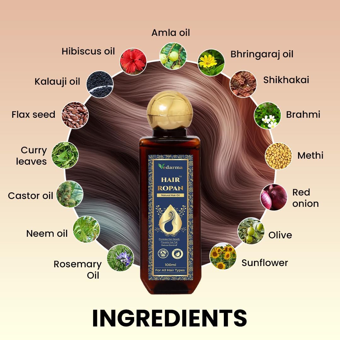 VEDARMA Hair Ropan Oil for Hair Care, 100 ml – Ayurvedic Oil for Hair Fall Support, Dandruff Reduction & Scalp Nourishment. Enriched with Flax Seed, Brahmi, and Bhringraj. Paraben & Silicone Free.