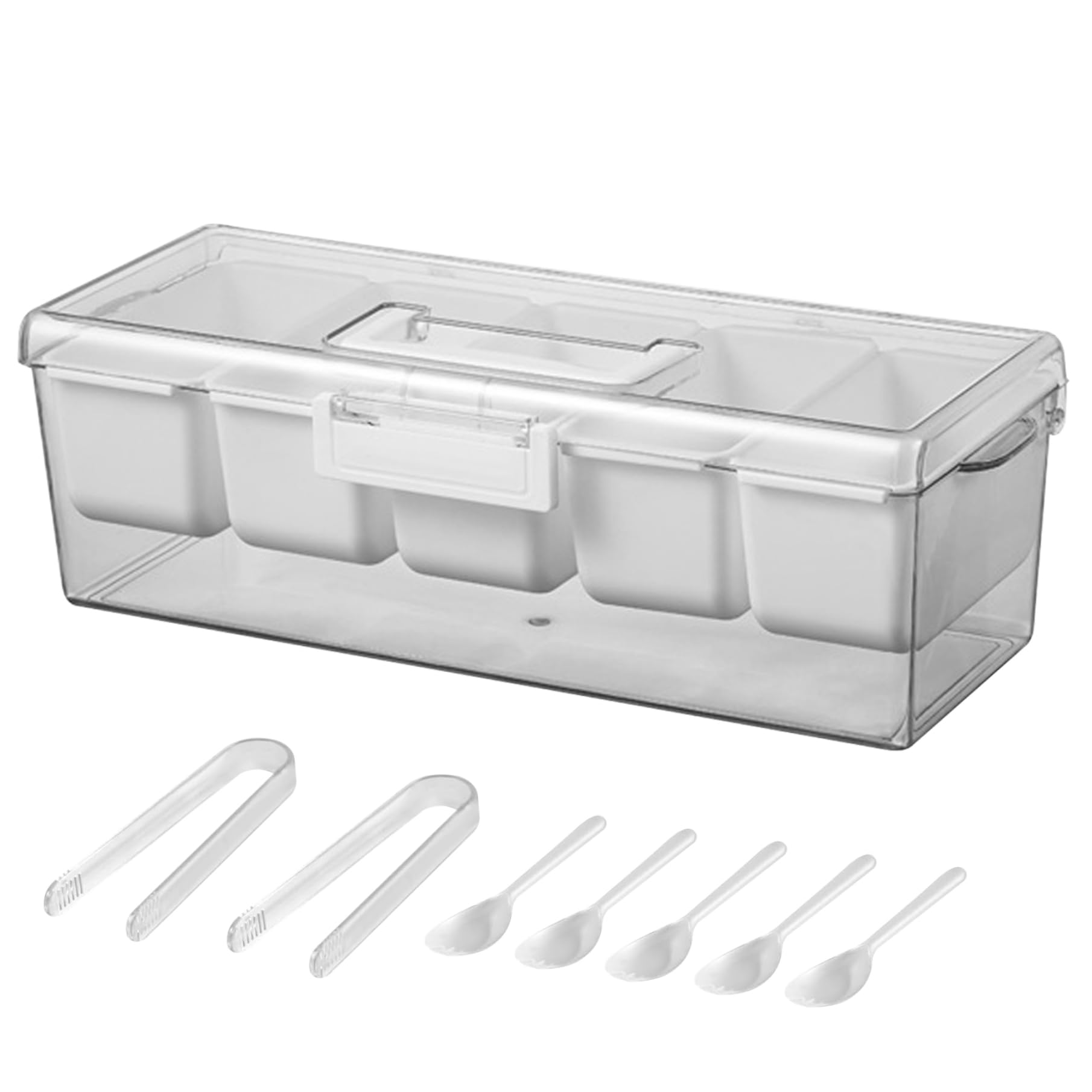 Xoeryoy Condiment Caddy, Chilled Condiment Server With Lid, 5-compartment Caddy With Handle – Portable Garnish Tray For Outdoor Picnics, Parties & Home Storage, Comes 2 Tongs & 5 Forks