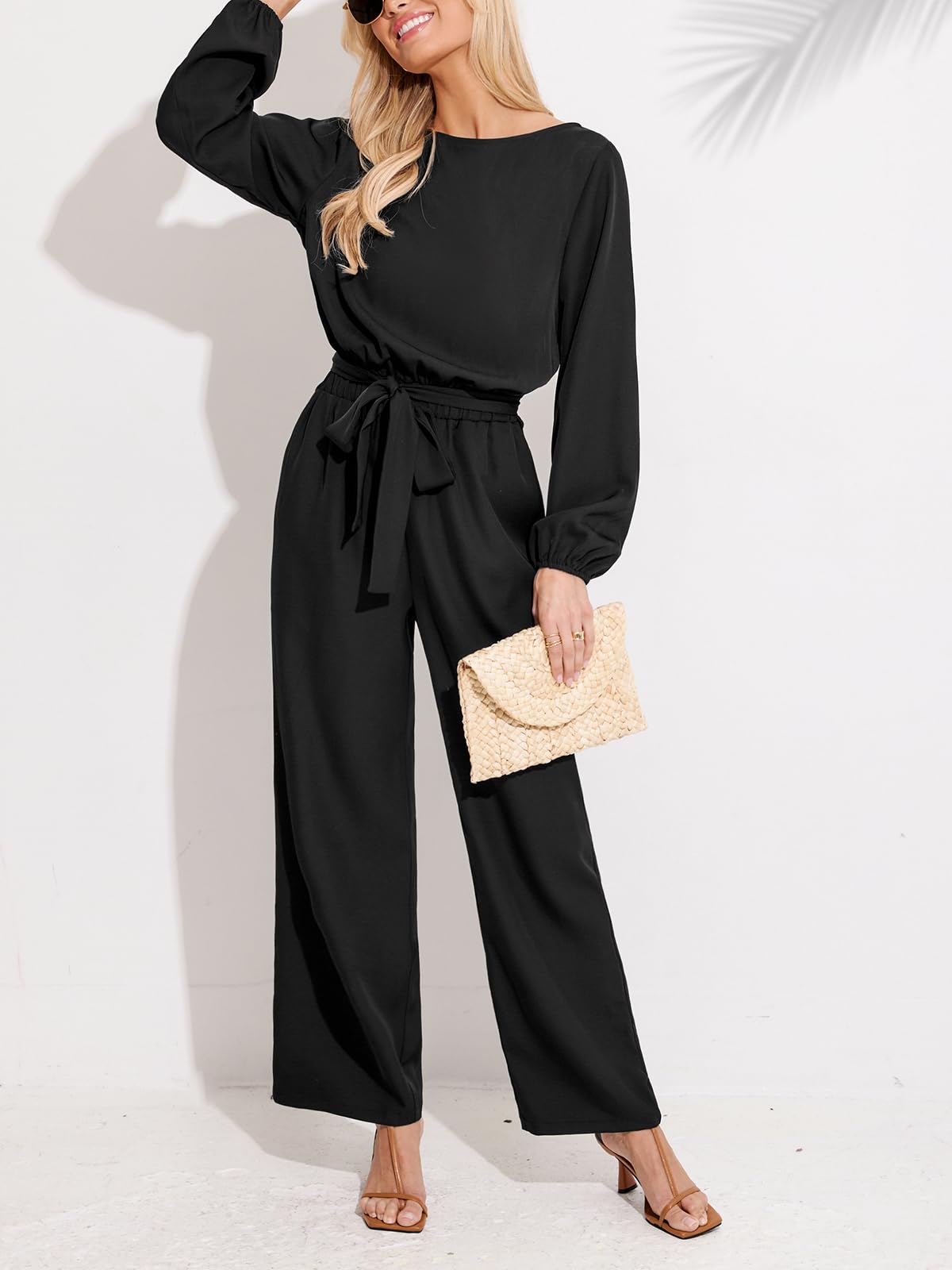 CUPSHE Damen Elegant Jumpsuit Bootskragen Langarm Playsuit mit Gürtel