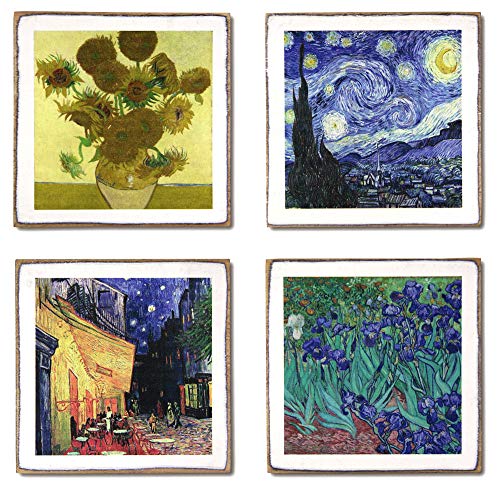 4 Vincent Van Gogh Coasters Set & Holder | Wood Coasters with Holder