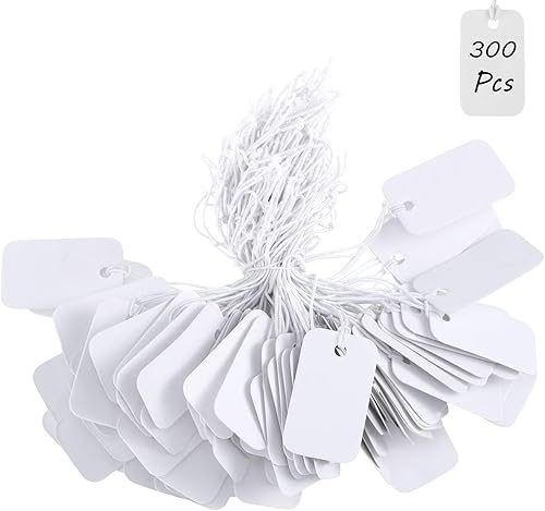 300 etiquetas blancas de marcado de precio, etiquetas rectangulares en blanco, mini etiquetas de visualización para escribir con cuerda elástica