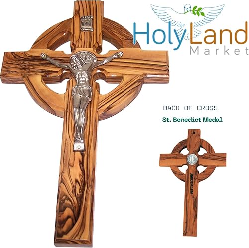 Miniatura 2 de Holy Land Market Crucifijo de madera hecho a mano con medalla celta y san Benito (10 pulgadas)