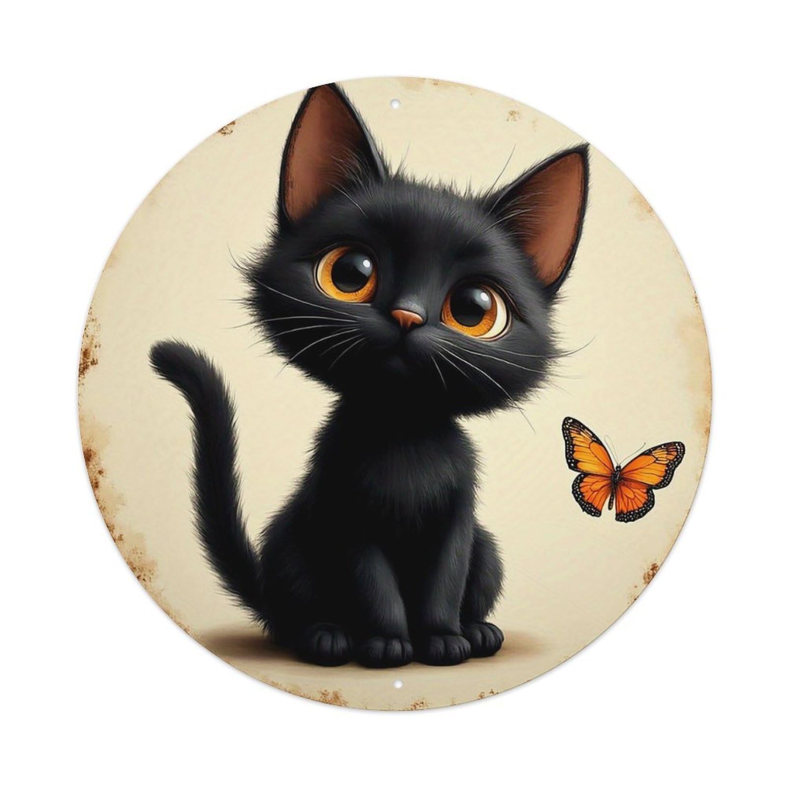 Black Cat Orange Butterfly Circle Metal Tin Sign Plaque