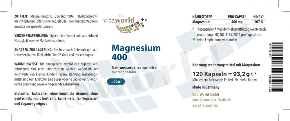 3er Pack Vita World Magnesium 400mg 360 Vegi Kapseln Apotheker-Herstellung