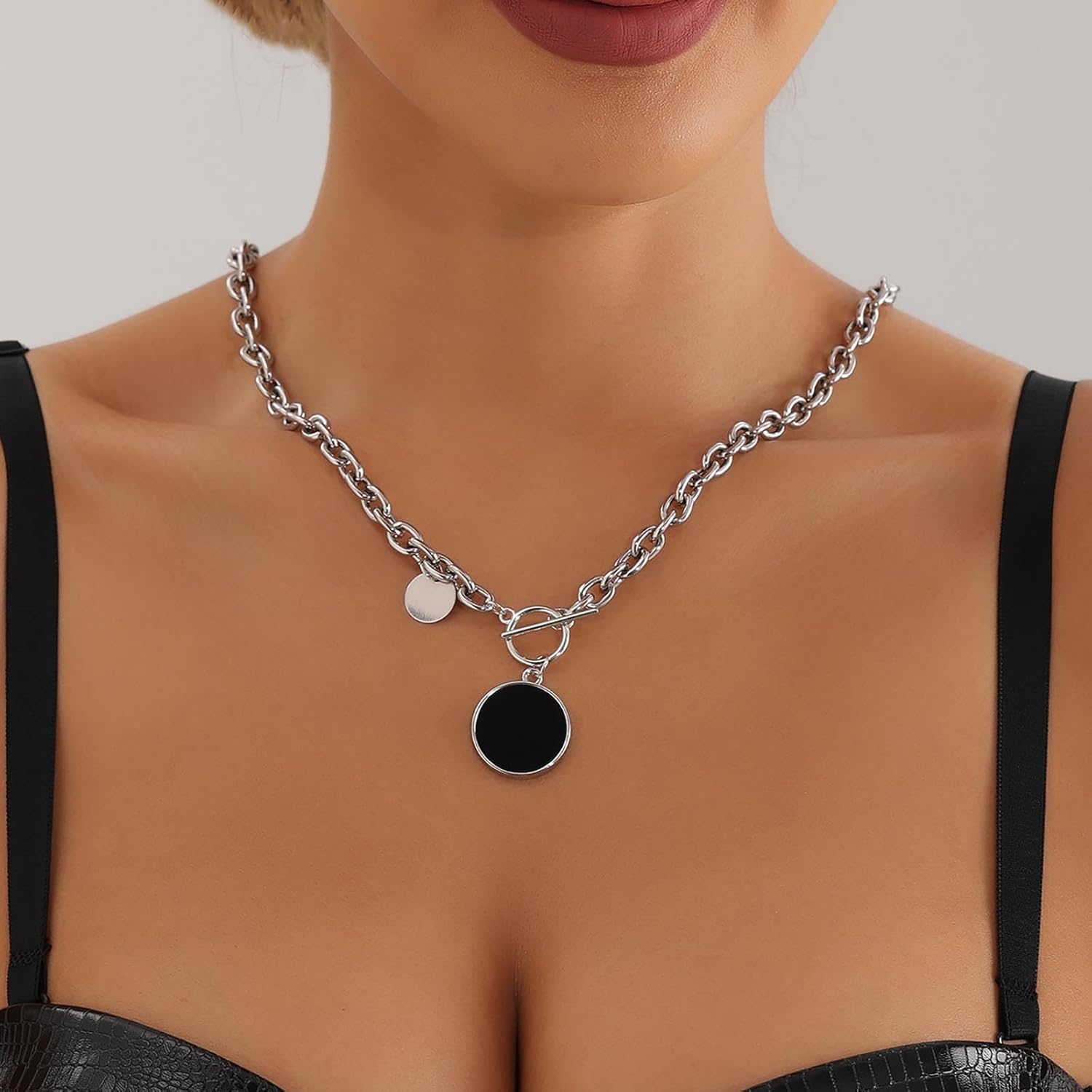 Bohemian Disc Coin Choker Necklace Black Enamel Disc Pendant Necklace Silver Paperclip Link Chain Necklaces Round Coin T Bar Collar Necklaces Jewelry for Women - Image 5