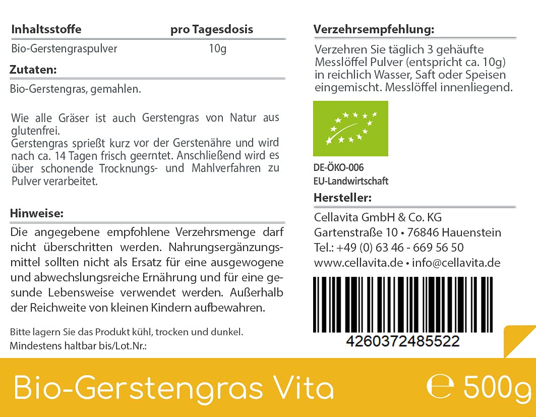 Cellavita Bio Gerstengras Vita - das Superfood Bio vegan ohne Zusatzstoffe keine Füllstoffe | (500g)