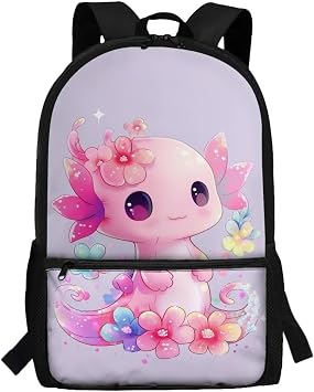 Axolotl School Bag for 8-12 Girls 17 Inch Backpack for School Elementary School Bookbag with Adjustable Shoulder Strap Cute Primary School Book Bags for 3rd Grade