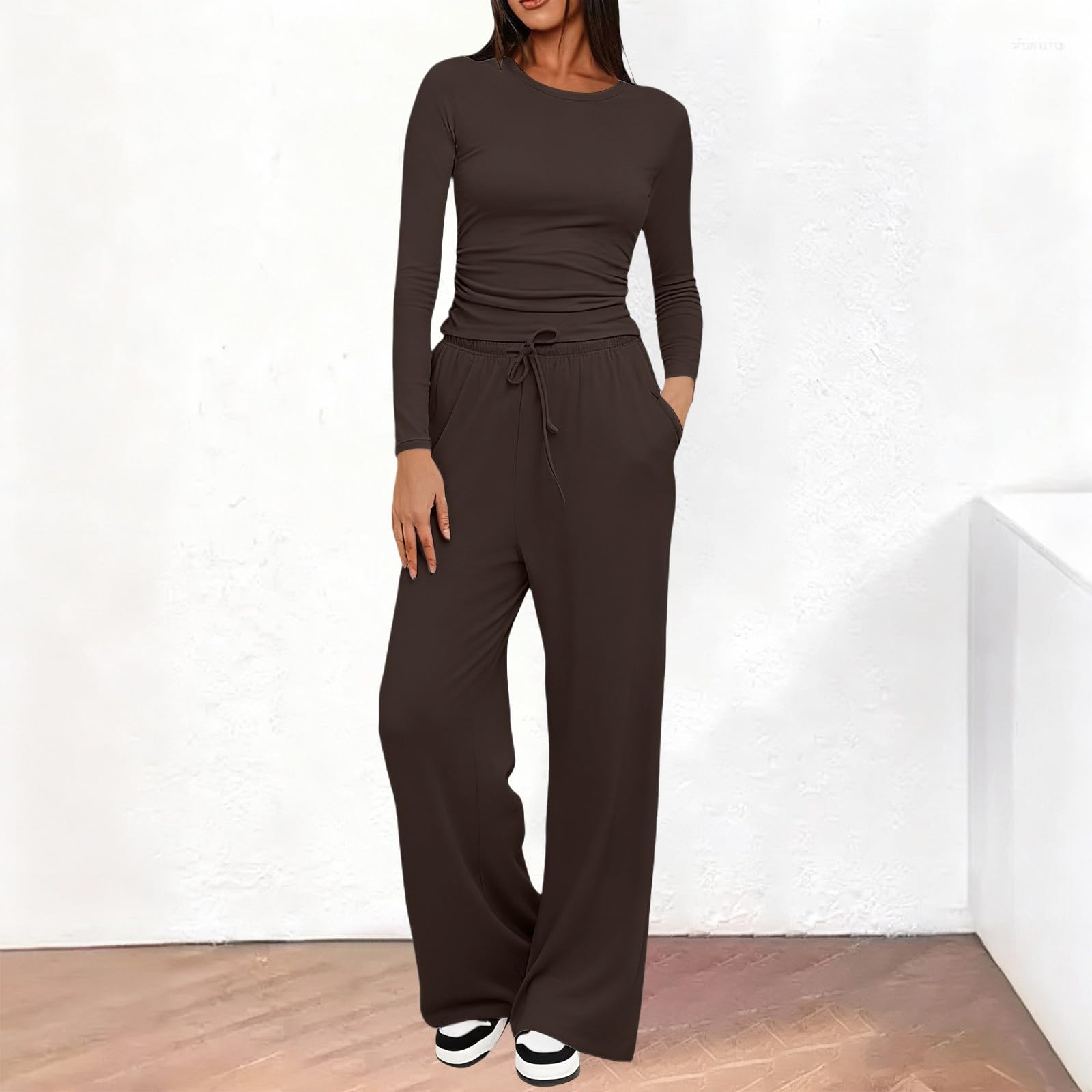 Generico Tuta Donna Sportiva Completa Tute da Ginnastica Due Pezzi Elegante Casual Tuta da Casa Manica Lunga Set Maglia e Pantaloni Larghi con Tasche e Coulisse Completo 2 Pezzi Autunnale Invernale