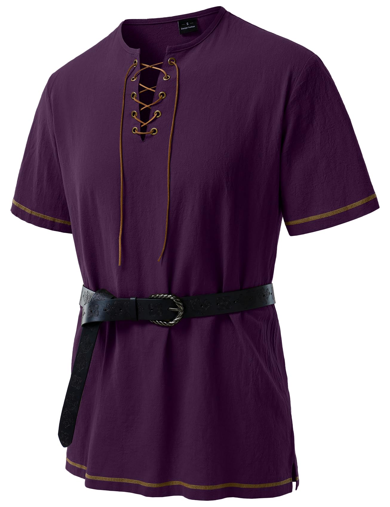 JEMITOP Men's Renaissance Costume Retro Short Sleeves Lace Up Shirts Tunic for Pirate Viking Medieval Halloween Cosplay Without Belt Purple XL