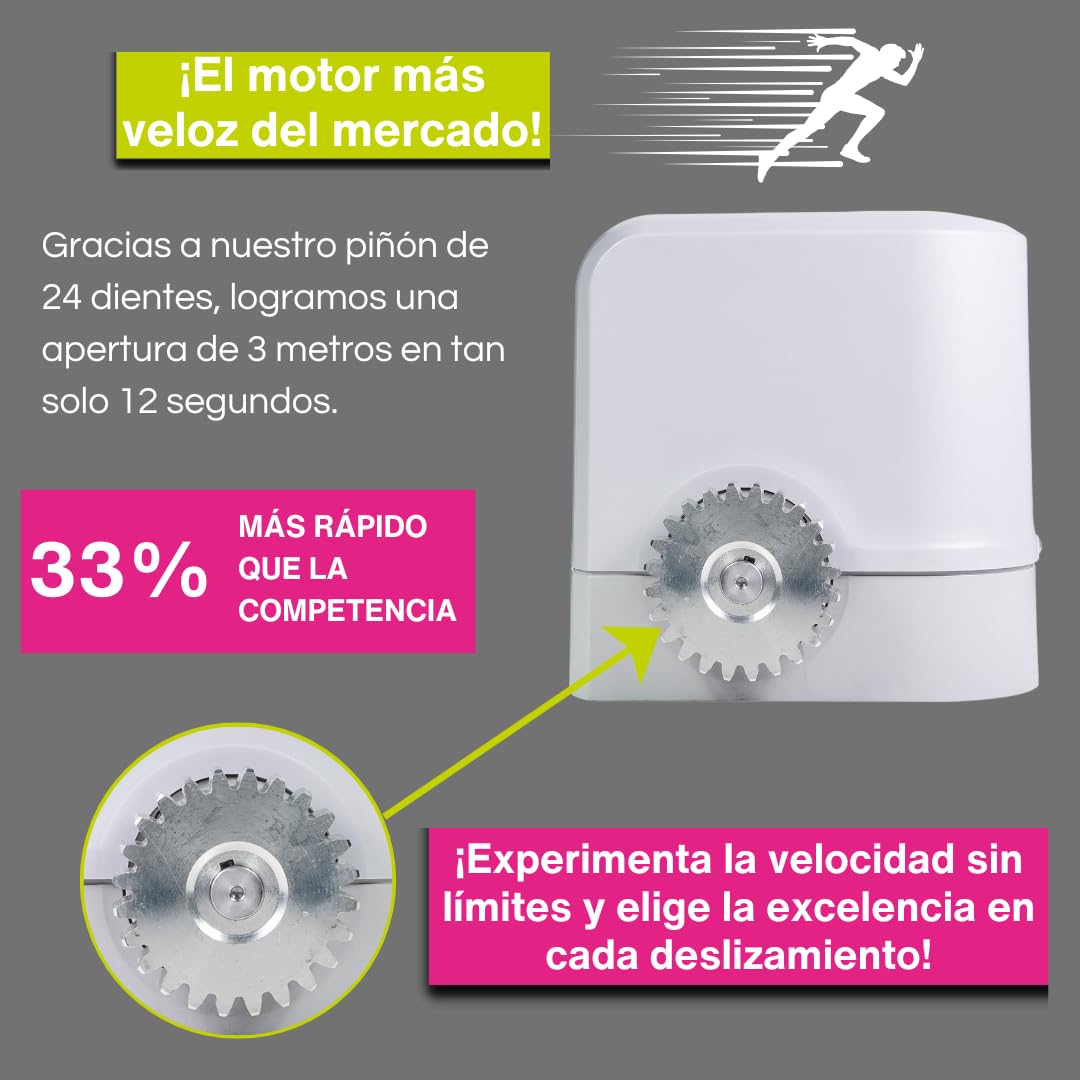 Motor con WIFI - Kit motor puerta de garaje corredera 800 kg - Motor rápido - Incluye motor, fotocelula, cuadro de control, 2 mandos a distancia y 4 metros de cremallera MOTIC