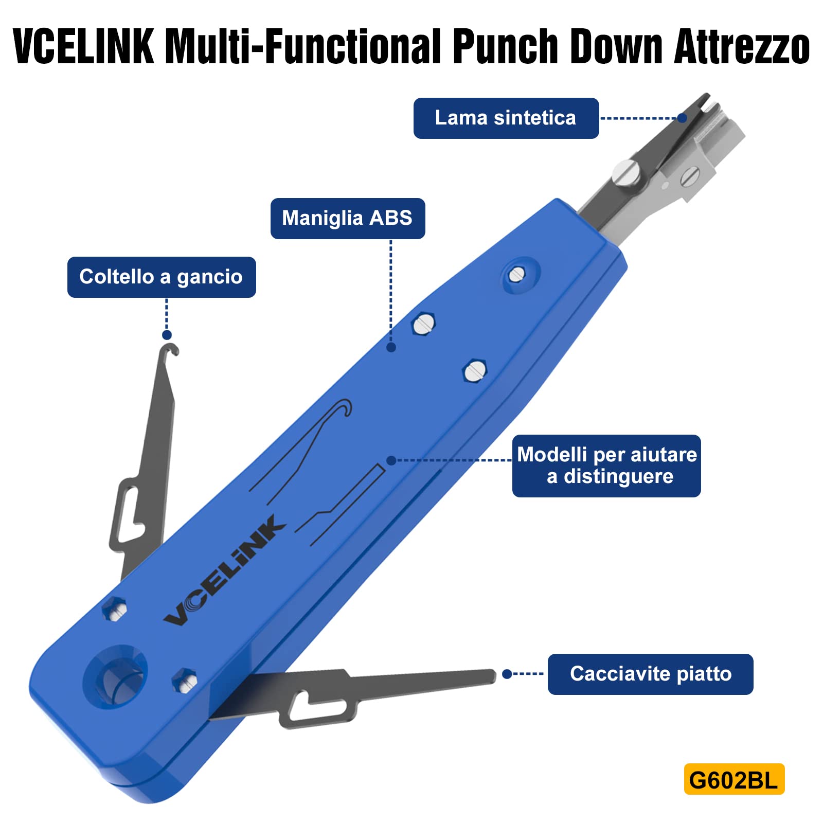VCELINK Punch Down Attrezzo per Prese di Rete, Pinza Crimpatrice di Impatto con Tagliafili, Blu