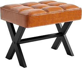 Small 12" H Modern Padded Vanity Seat Foot Rest Sitting Stool with Metal X-Leg,Square Faux Leather Makeup Room Ottoman Compact Chair for Living Room, Bedroom, Entryway, Office, LGT Brown