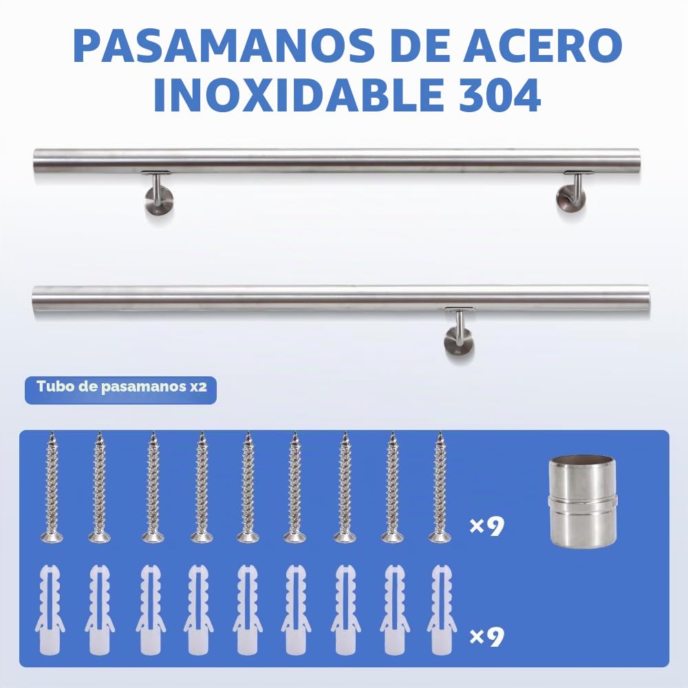 Pasamanos de Acero Inoxidable Magtctyae 200 cm Barandilla para Escalera Exterior Interior Escaleras con Soporte de Pared y Tapas Finales, Plata