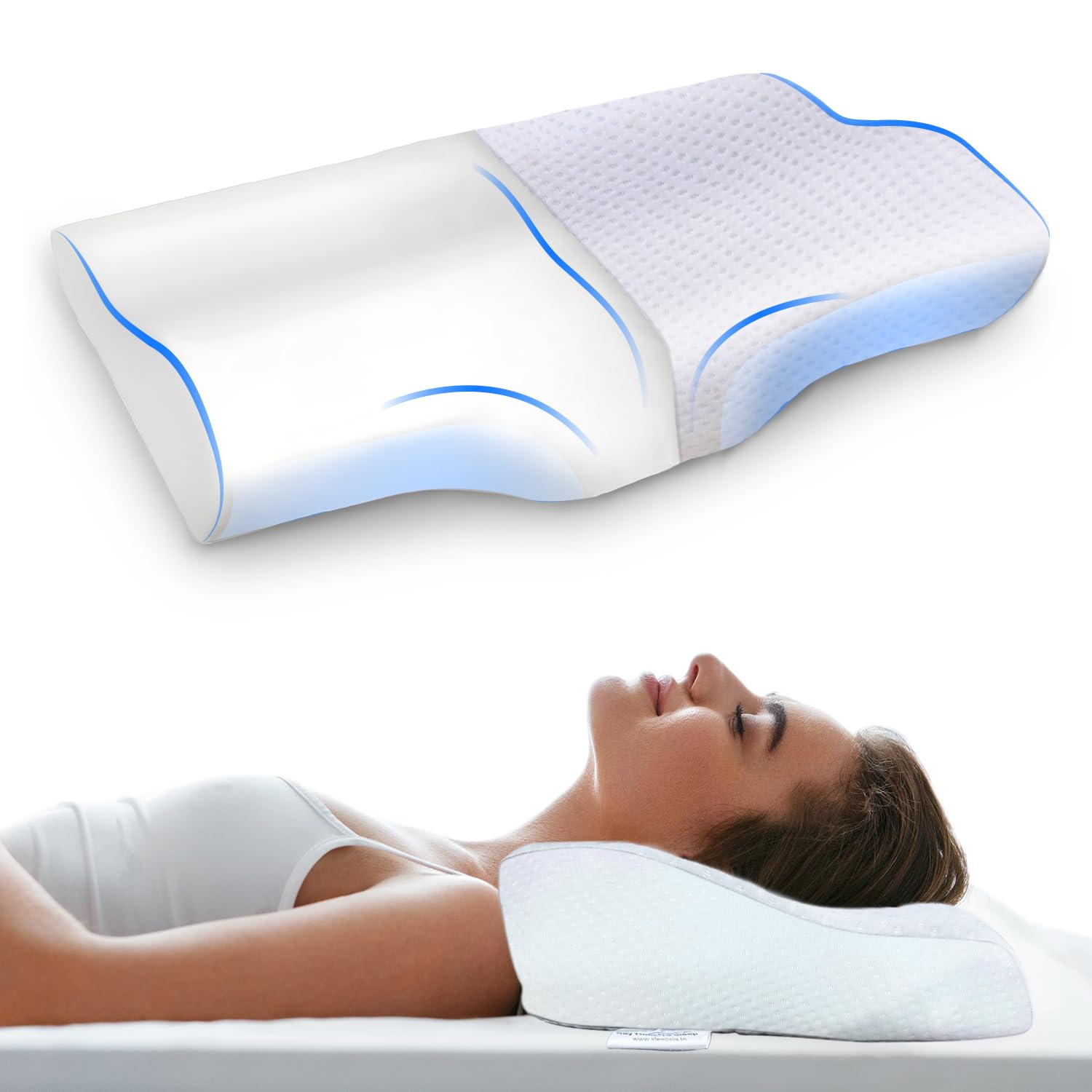 Sleepsia Memory Foam Pillow | Contour Cervical Pillow for Neck & Shoulder Pain | Orthopedic Pillow with Extra Curve Neck Support Pillow for Sleeping Side & Back Sleepers (White)