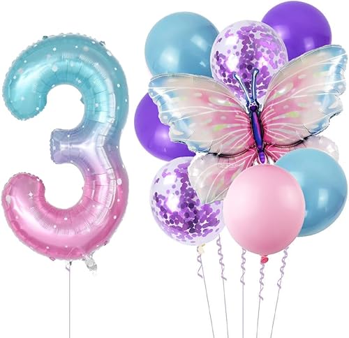 9 piezas de decoraciones de fiesta de cumpleaños de mariposa para niñas, globos de aluminio de mariposa coloridos degradados para 3 años de edad,
