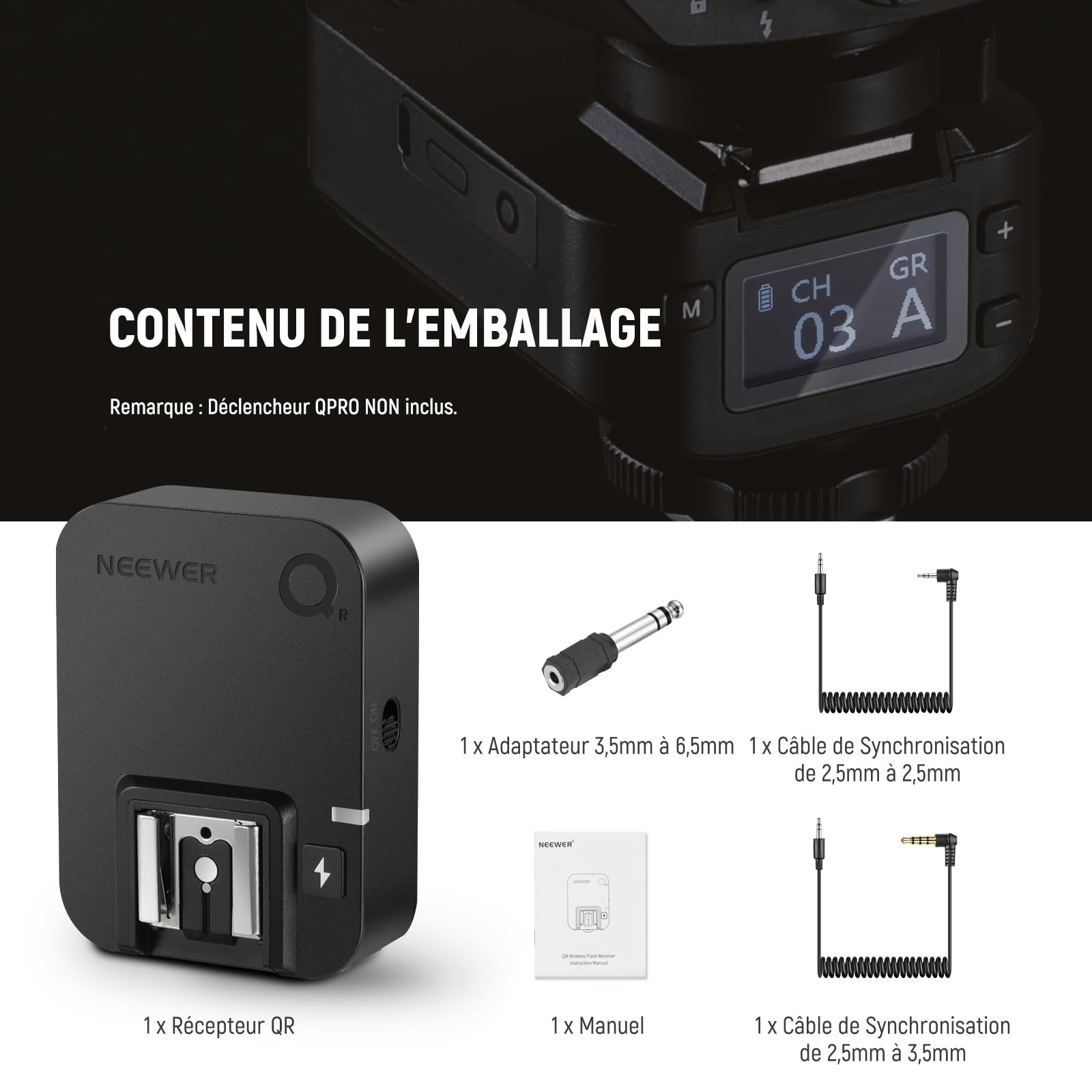 NEEWER Récepteur Flash sans Fil QR 2,4G pour Déclencheurs NEEWER QPRO-C/QPRO-N/QPRO-S, Contact Unique avec Port de Sync 2,5mm, Filetage 1/4", Compatible avec Godox Yongnuo NEEWER Vision4 S101 NW700