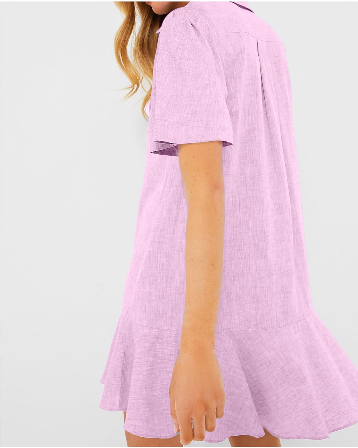 Women's Button Down Shirt Dress Summer Casual Short Sleeve Cotton Linen Ruffle Shift Mini Dresses - Image 2