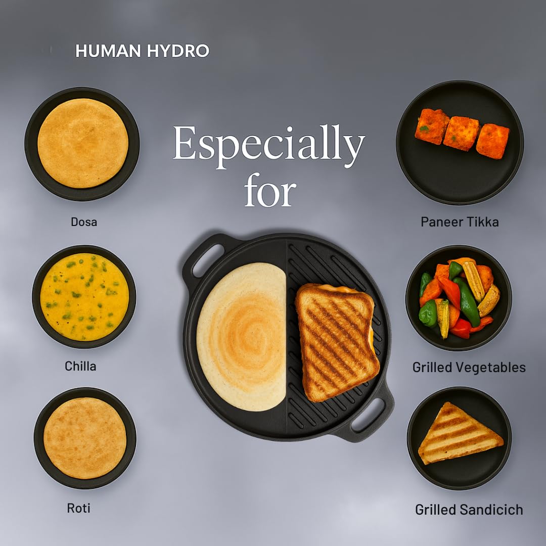 Human Hydro Himalayan Stone Grill Tawa (30CM, 2-in-1) with Wooden Spatula | Iron-Rich Natural Stone | Reversible Flat & Grill Surface | Toxin-Free, Gas Compatible Traditional Cookware 2