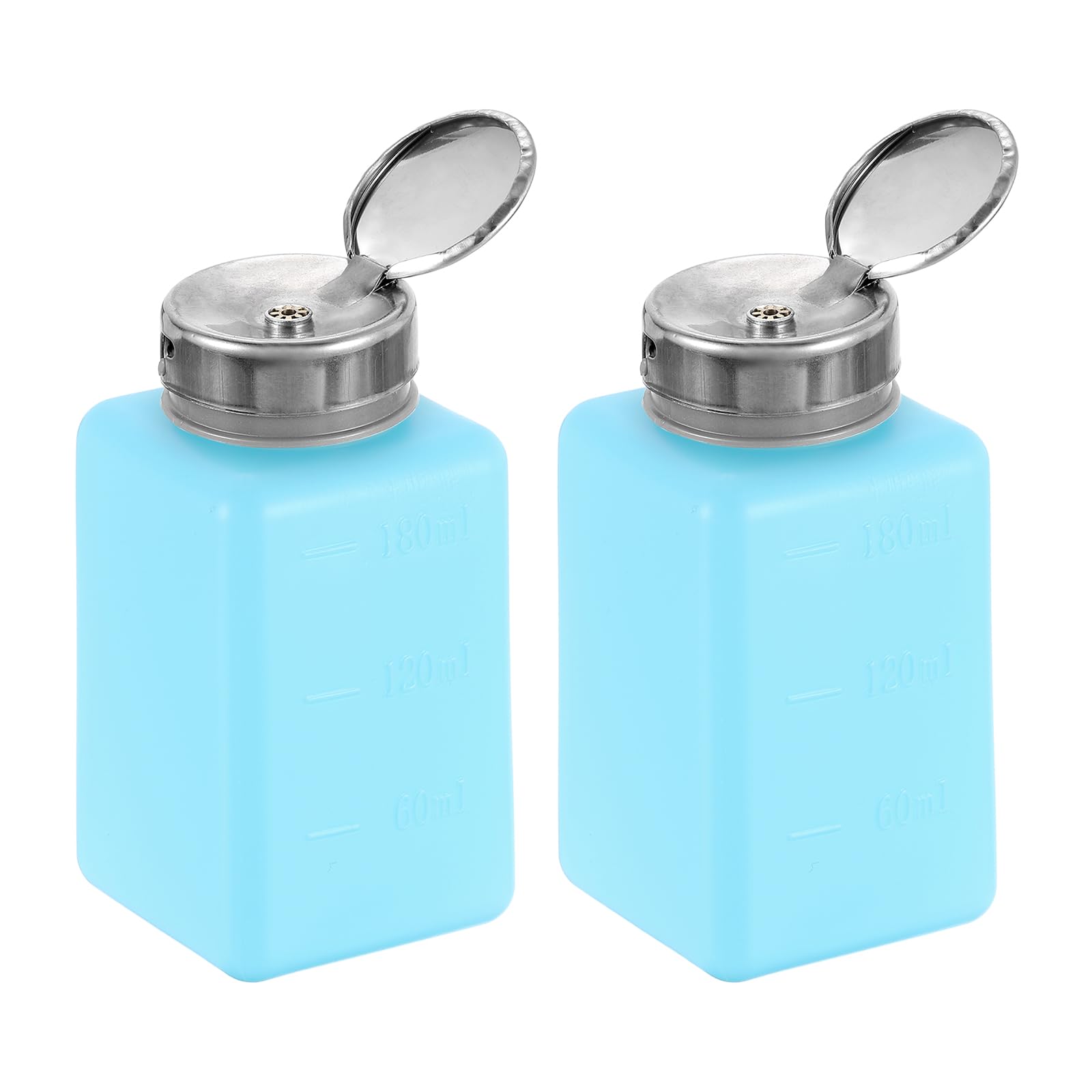 sourcing map 2pcs Solvent Alcohol Dispenser 180ml(6.1oz) Nail Polish Remover Push Down Liquid Dispenser Pump Bottle with Stainless Steel Press Head for Acetone Solution, Blue