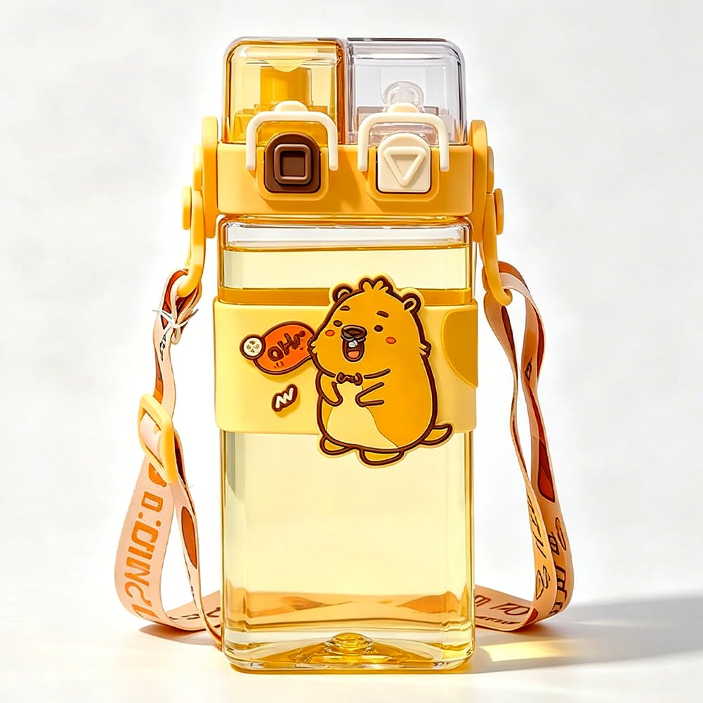 Hatfryf I Capybara Water Bottle With Straw, Capybara Drinking Bottle Water Bottle Bottles With Straw And Adjustable Strap Double Drinking Leakproof Sports Bottles For School - 520Ml