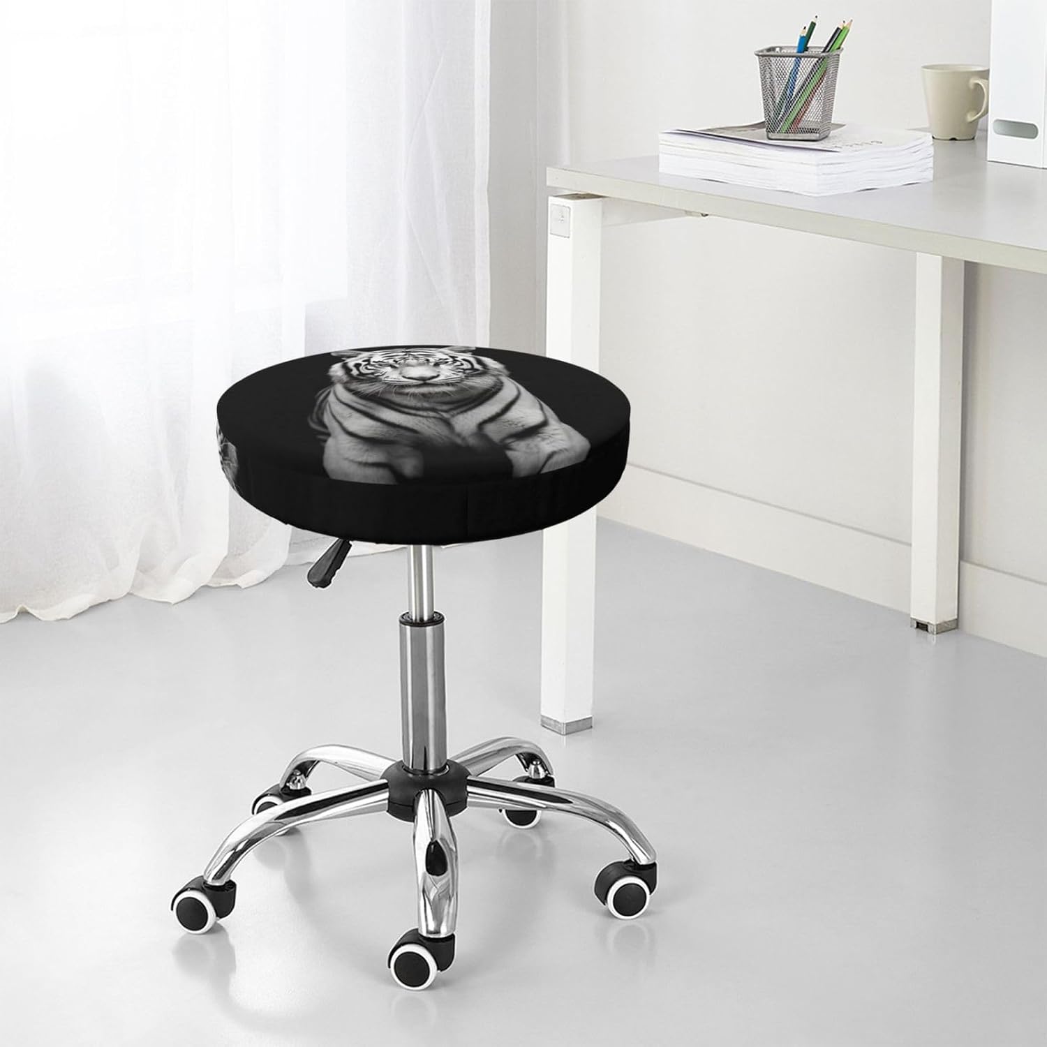 Bar Stool Cover Round Elastic Stool Cushion Covers Black and White Tiger1 Bar Chair Cover Washable Stool Cushion Slipcover Stretch Stool Seat Covers for 12-14 Inch Chair
