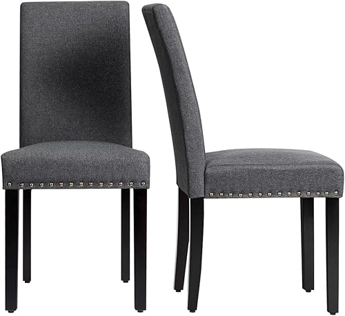 Miniatura 8 de Giantex Juego de 2 sillas de comedor tapizadas, sillas laterales de tela con patas de madera, asiento acolchado suave, ribete de cabeza de clavo,