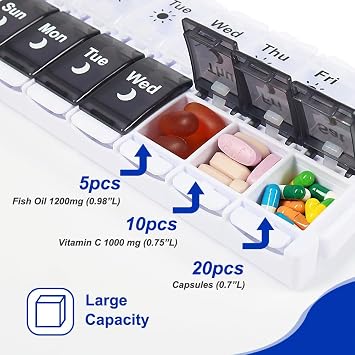 Pill Boxes 7 Day 2 Times a Day, Easy Fill Push Button Weekly Pill Box Medicine Organiser Large Am Pm Tablet Organiser for Vitamin, Fish Oil, Supplements
