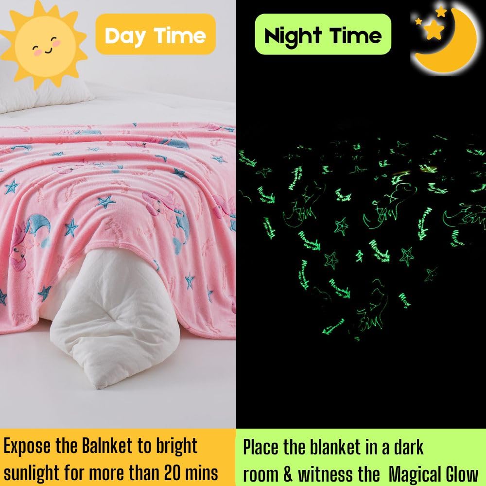 Happy Hues Mermaid Glow in The Dark Blanket-200 x 150 cm- Super Soft Fluffy Flannel Fleece All Season Blanket for Babies-Toddlers-Kids & Teens Boys & Girls- Best Gifting Ideas for 0-15 Years
