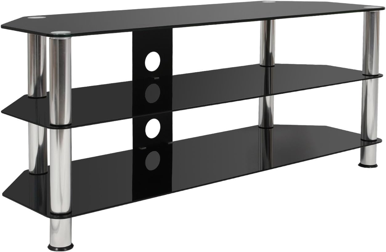 SevenFanS! Glass TV Stand for Flat Screen LED LCD OLED and Curve Screen TVs from 32” to 70”, with Audio and Video Shelf, for Home and Game Entertainment Center (Silver)