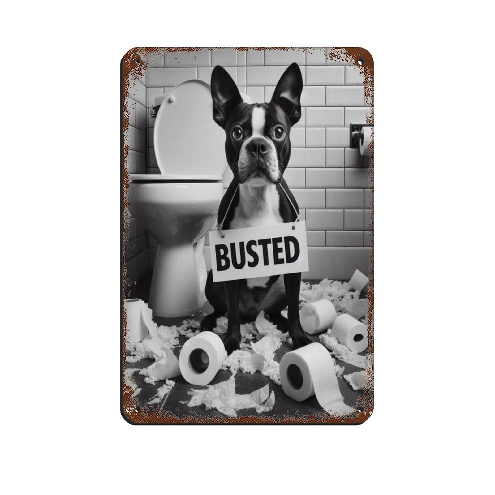 Bad Dog Busted with Toilet Paper Mess Décor Tin Sign Vintage Metal Pub Club Cafe Bar Home Wall Art Decoration Poster Retro 8x12inch(20x30cm)
