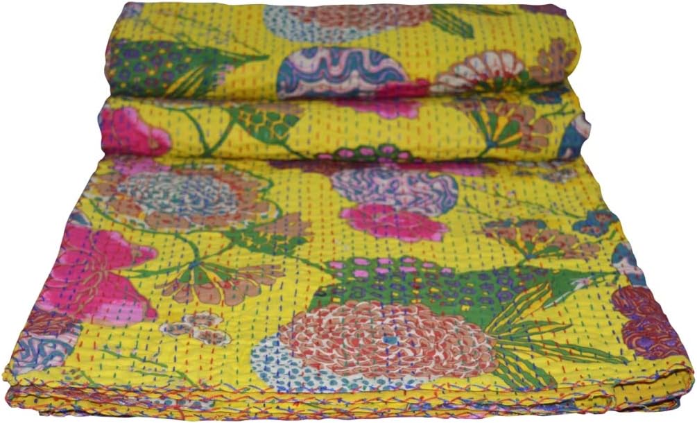 YUVANCRAFTS Indian Handmade Kantha Quilt Pure Cotton Traditional Floral and Fruits Screen Print Queen Blanket Bedspreads Throw