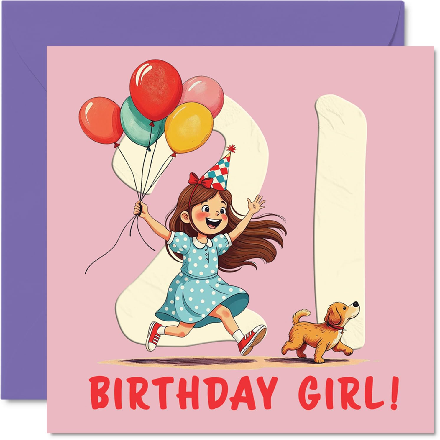 21st Birthday Cards for Women - Balloon Girl - Happy Birthday Card for 21 Year Old Woman Niece Colleague Auntie Cousin, 145mm Bday Greeting Cards