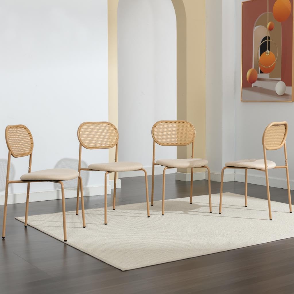 COSVALVE Boho Dining Chairs Set of 4 with Rattan Back, Upholstered Cane Seats, Metal Legs - Perfect for Dinner, Living Room, or Reception Area