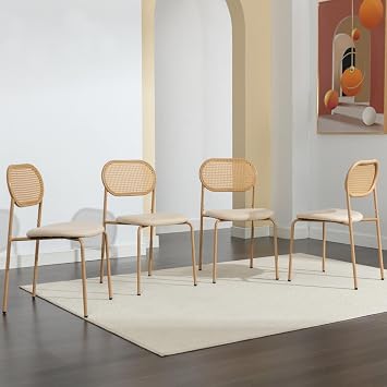 COSVALVE Boho Dining Chairs Set of 4 with Rattan Back, Rattan Dining Chairs | 4 Dining Room Chairs, Upholstered Cane Seats, Metal Legs, Perfect for Dinner, Living Room, Reception Area