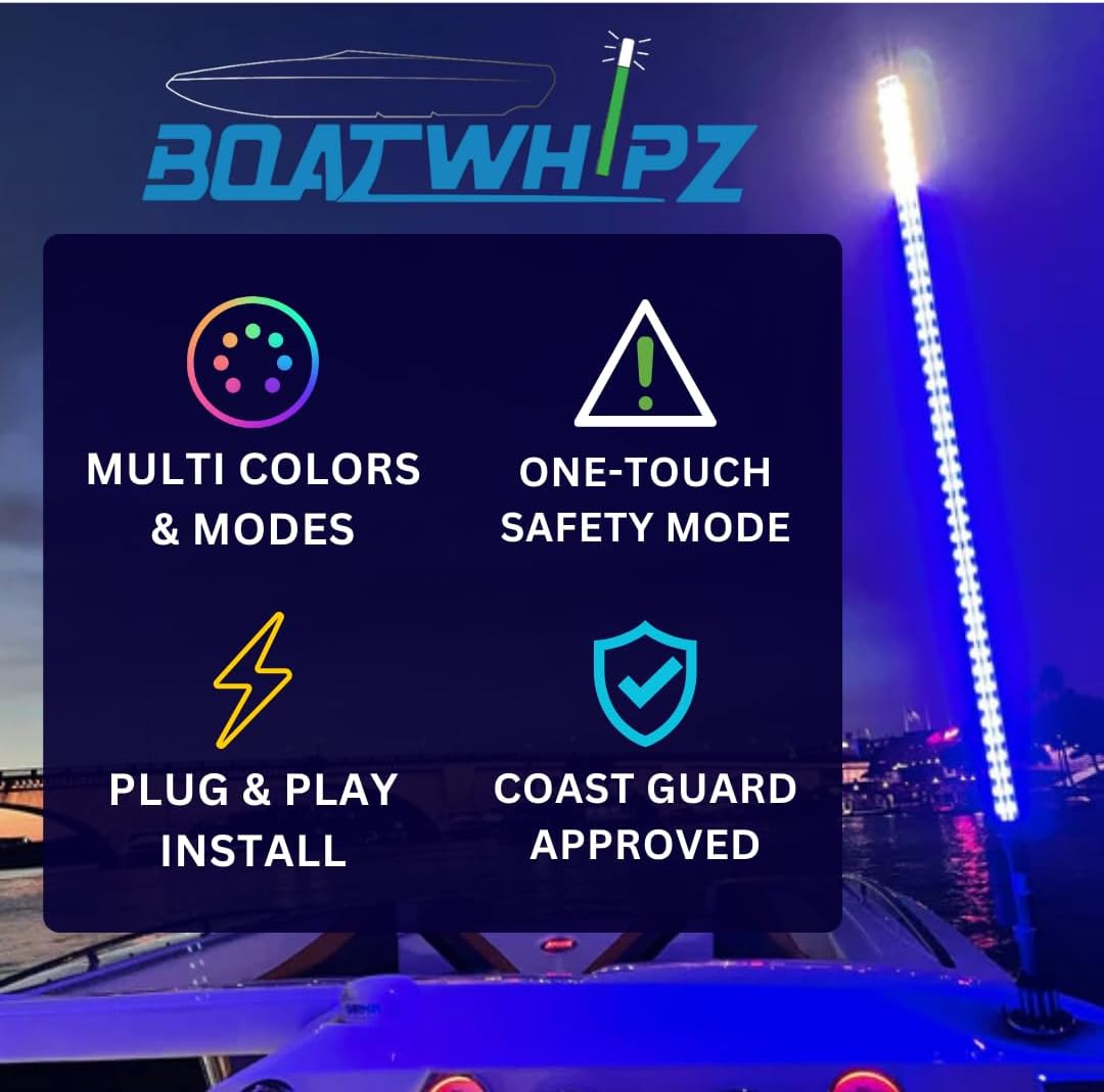 Boat Whipz USA Made Marine Navigation Bluetooth LED Whip Light/Stern Pole - 2NM Coast Guard Compliant, the BRIGHTEST Boatwhip Available – 200+ Patterns/Speeds - Boat Anchor Lights (4 Foot)