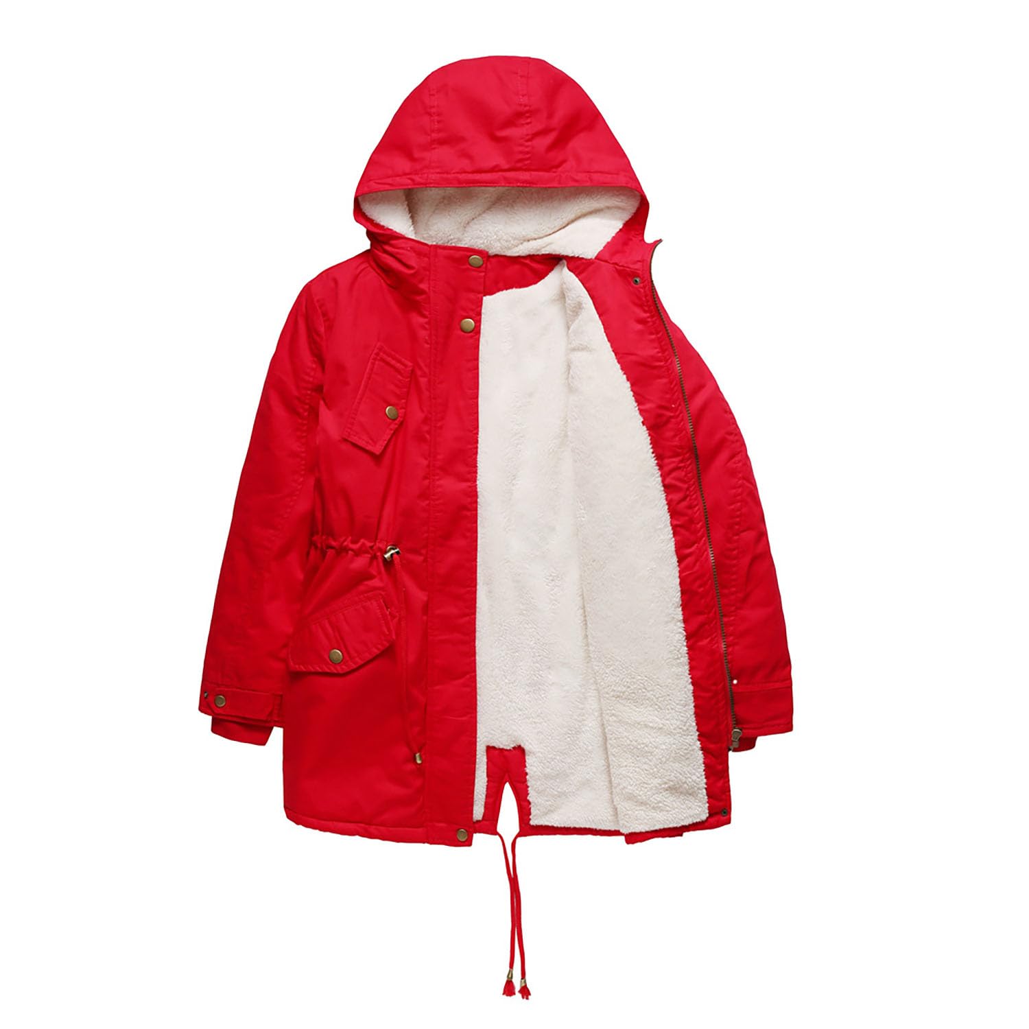 Damen Parka Mantel mit Kapuze Gepolsterte Baumwolljacke Damen Solide Fleece Gefüttert Warme Oberbekleidung für Radfahren, Wandern, Angeln, Bergsteigen,Red,XL(Bust:124cm)