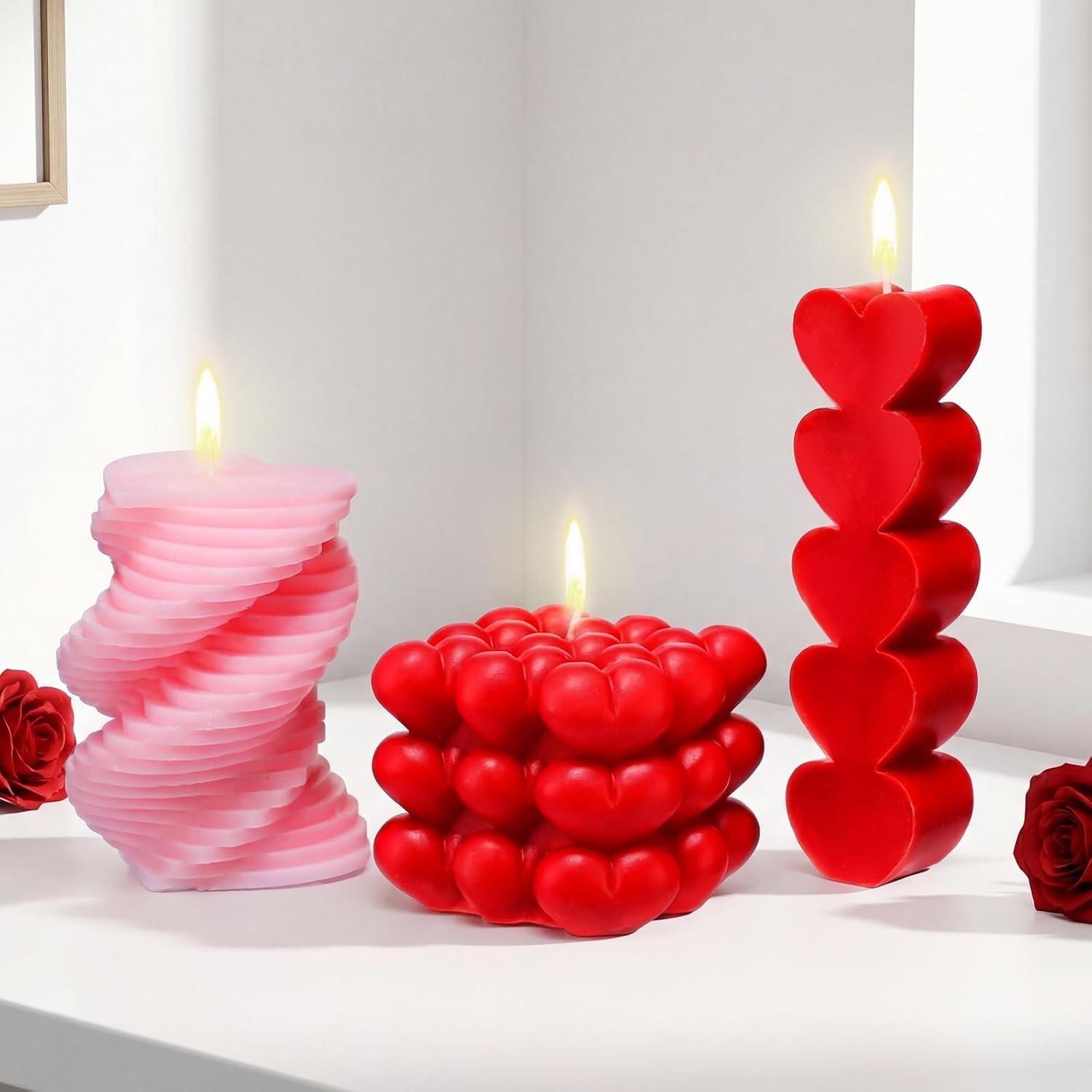 Conelist 3 Pcs Valentine Heart Shaped Candle Burning Stacked Spiral Heart Bubble Candle Pillar Unscented Romantic Valentine's Day Gift Wedding Anniversary Kitchen Home Aesthetic Table Decor