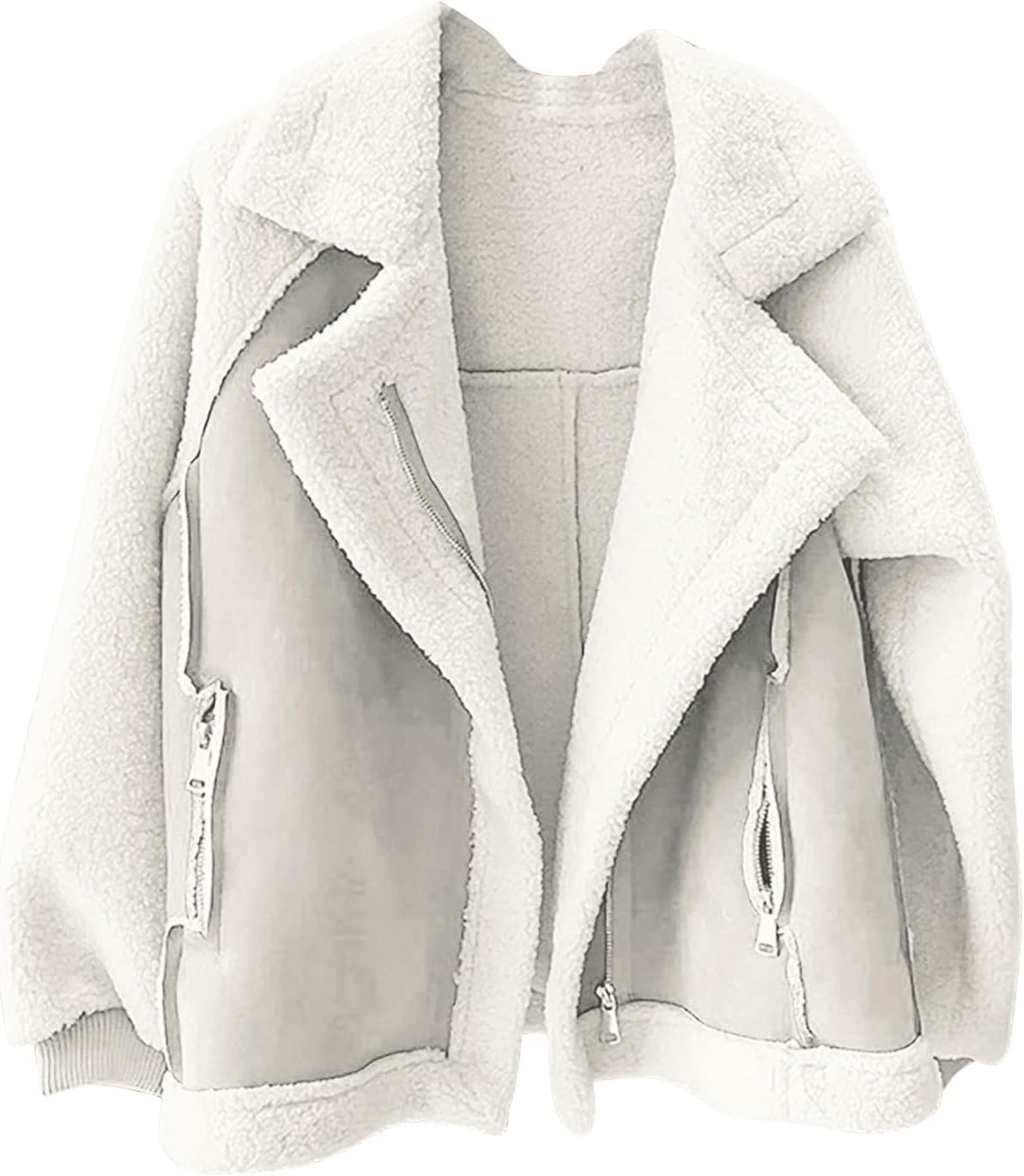 XUNRYAN Winter Jackets Women Sherpa Suede Faux-Leather Fleece Moto Jacket Notch Lapel Trench Coat Thick Parka Fuzzy Outerwear