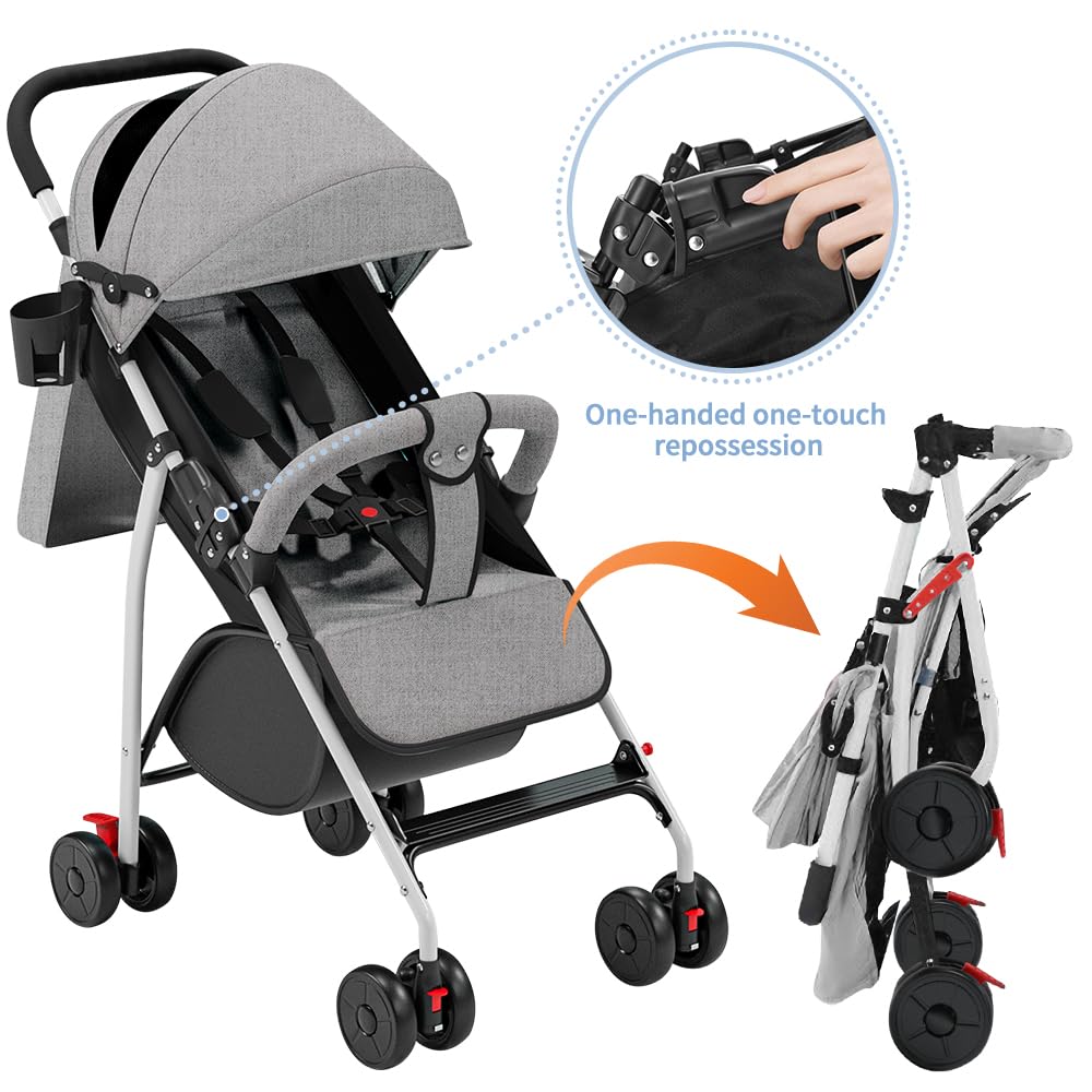 Poussette canne compacte Ingenious,avec position allongée,de la naissance à 4 ans (Jusqu’à 25 kg), 47 * 72 * 97cm, canapé, avec moustiquaire, porte-gobelet, GRIS
