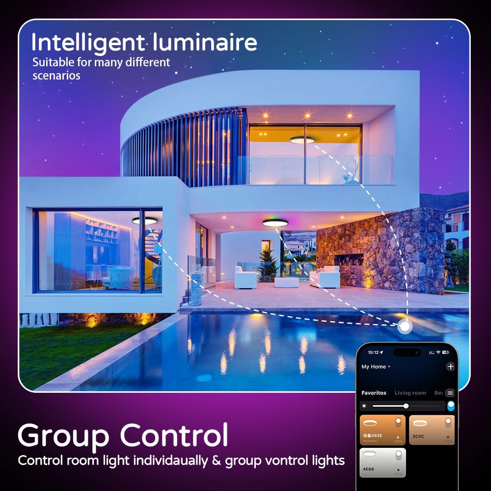 Lampada da Soffitto LED Intelligente 24W Dimmerabile, RGB+CCT 2700K-6500K, Compatibile Alexa/Google, IP54 Impermeabile, Timer, Modalità Musica, Luce Notturna per Casa