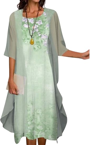 Womens Elegant Two-Piece Set Wedding Guest Formal Cocktail Dress with Jacket Flowy Casual Boho Floral Midi Dress
